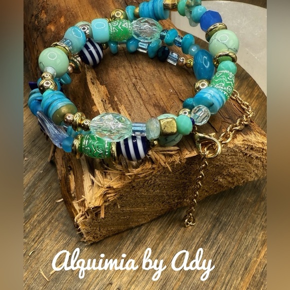 Layered wrap around Blue Bracelet with Natural Turquoise Beads - Picture 1 of 4